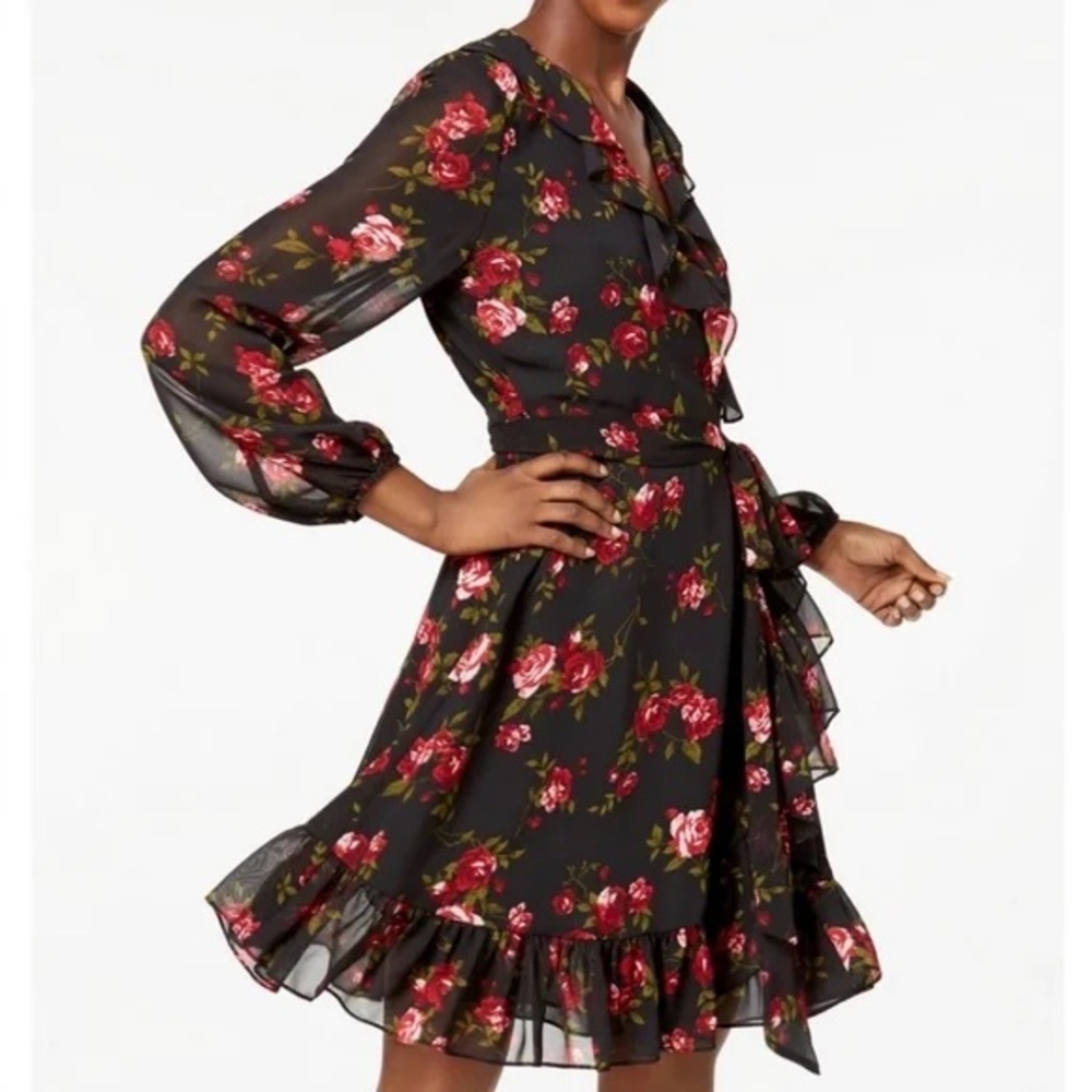 NINE WEST Size 10 Wrap Dress Black Red Romantic Floral Long Sleeve Ruffles